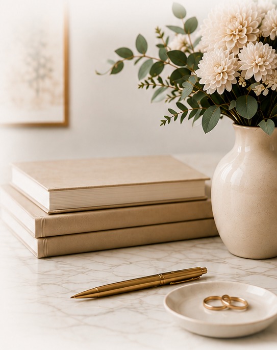An elegant marble desk styled with cream books, a vase of soft blush flowers and eucalyptus, a gold pen, and two wedding rings resting in a small dish