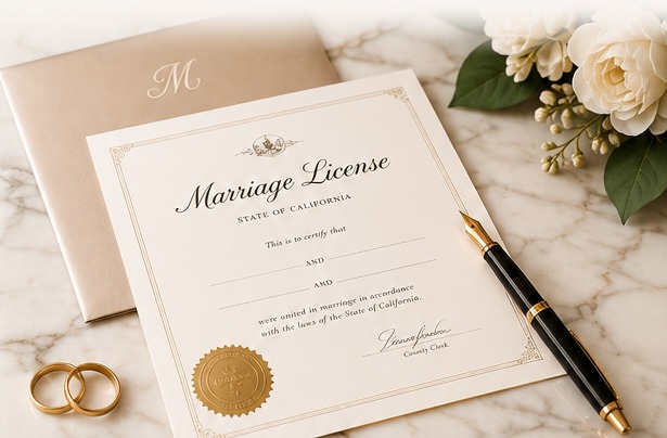 An ivory California Marriage License certificate resting on a marble surface beside soft white roses and a pair of wedding rings