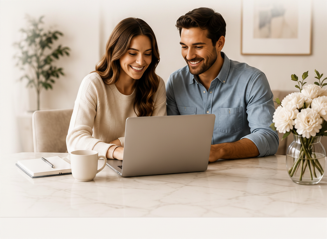 A couple sitting together at a marble countertop, smiling while completing their marriage license application online on a laptop