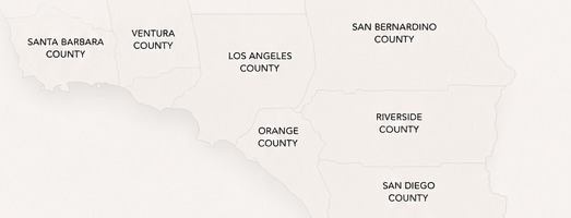Map of Southern California highlighting the counties served: Santa Barbara, Ventura, Los Angeles, Orange, San Bernardino, Riverside, and San Diego